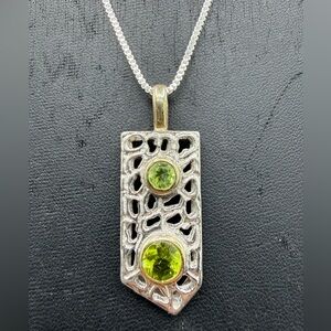 Natural Peridot Sterling Silver + 18k Gold Pendant & Sterling Silver Necklace
